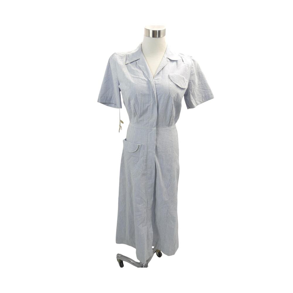 Vintage 1940's Blue and White Seersucker Day Dress by Classicmaster -Deadstock